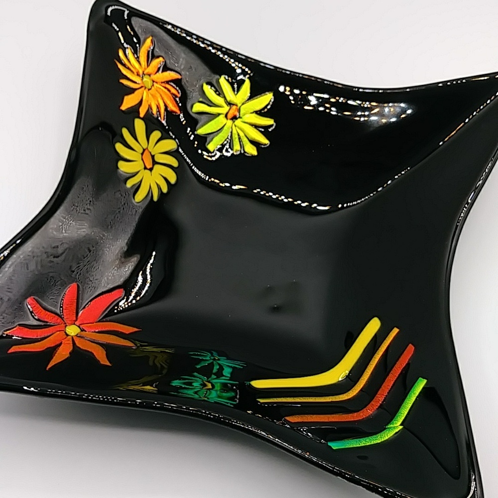 MCM Black Glass Bowl/ Dish With Irridescent Neon Textured Decorations.